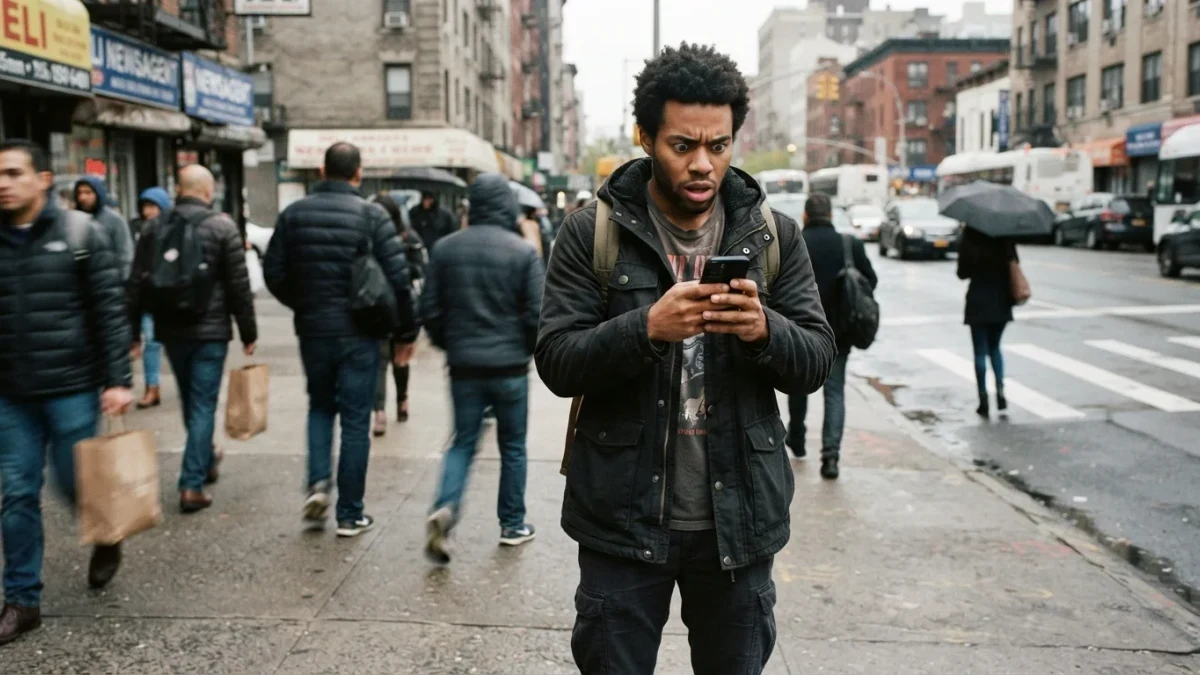 Young man on a city sidewalk staring at his phone in dismay