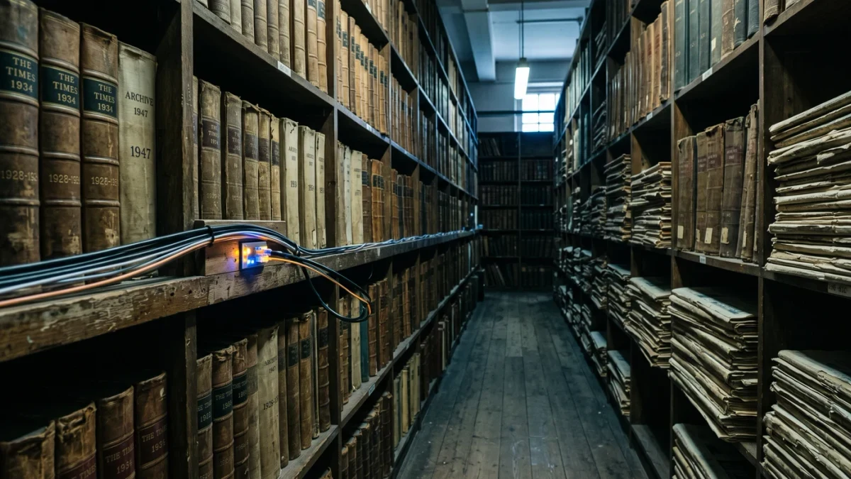 Archive shelves of bound newspapers beside a glowing data port
