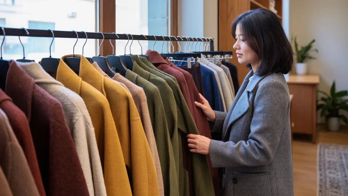 Shopper flipping through garments on a moderately filled rail in a bright store
