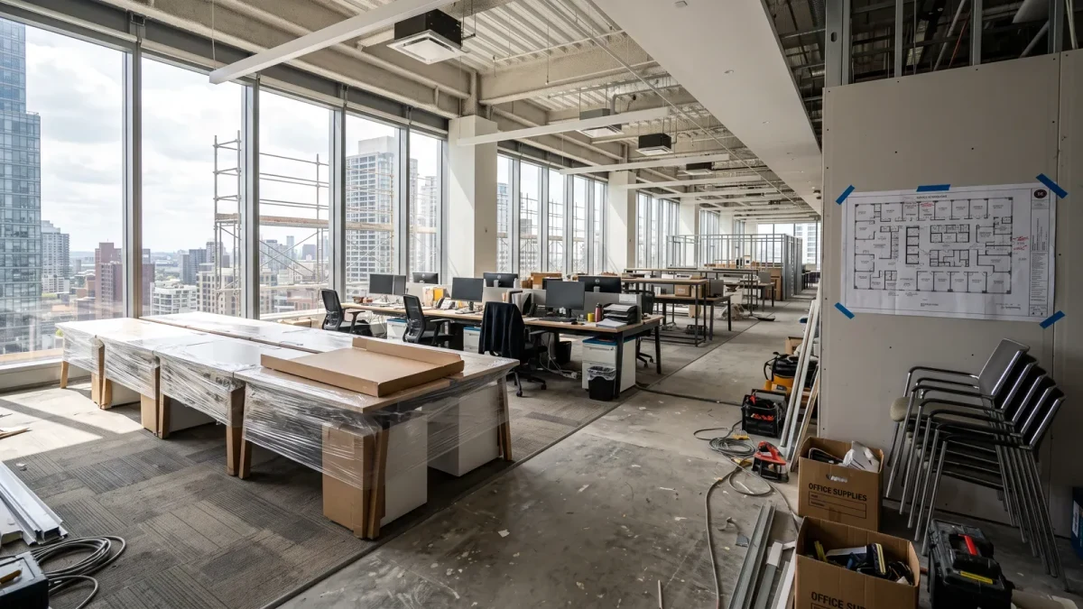 New desks still wrapped in film beside occupied ones in a bright office