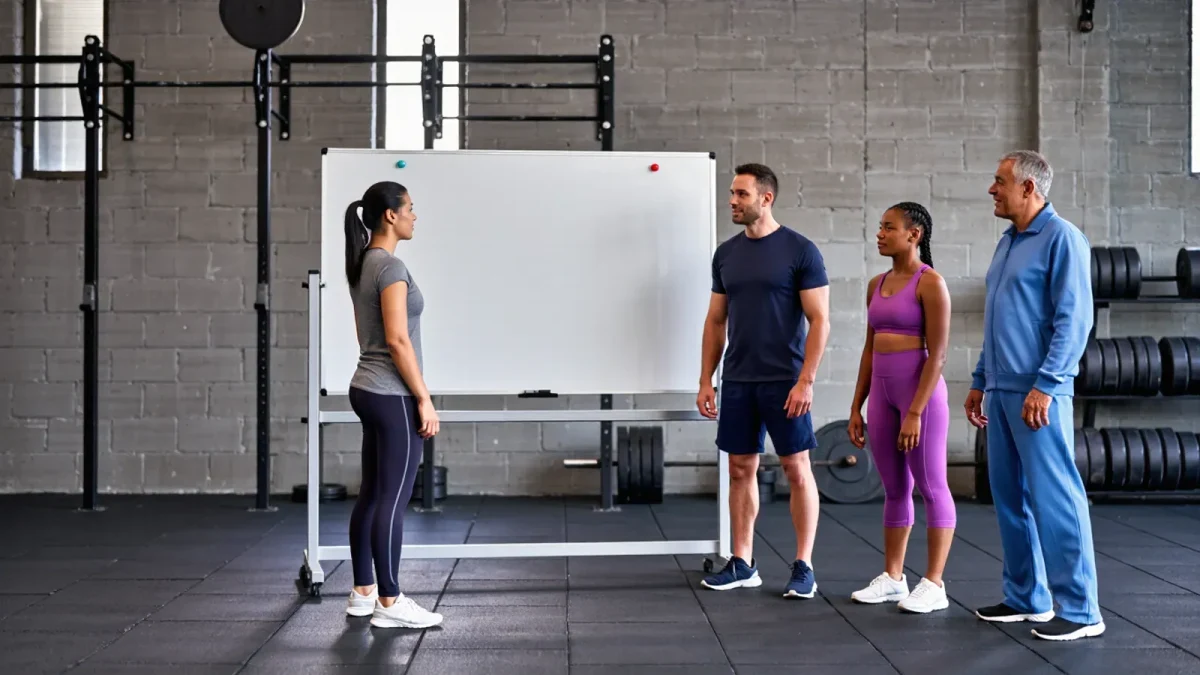 Coach outlining training phases to athletes beside a gym whiteboard