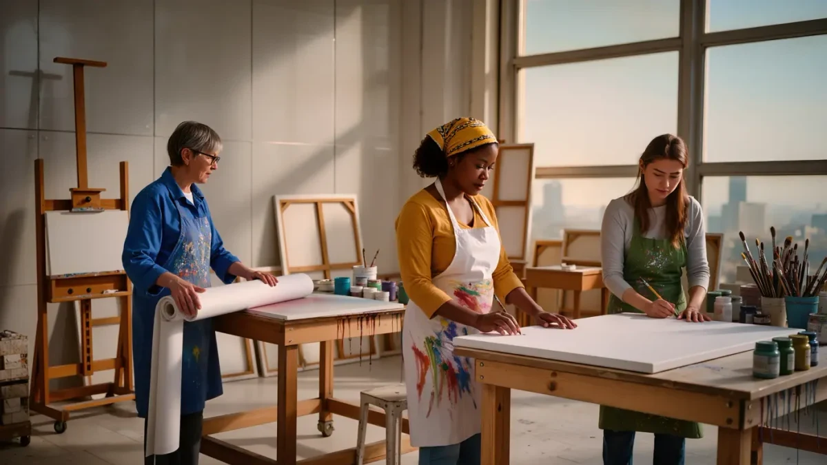 Women artists unpacking canvases in a shared studio space