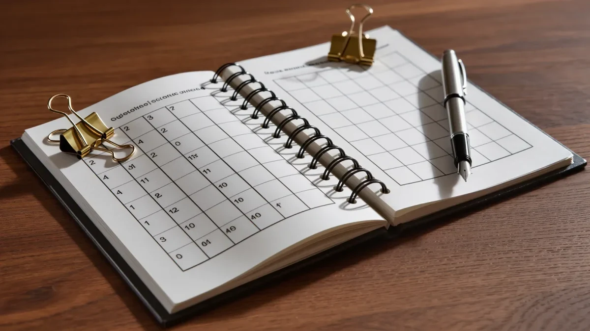 Observation scoring rubric booklet beside a fountain pen