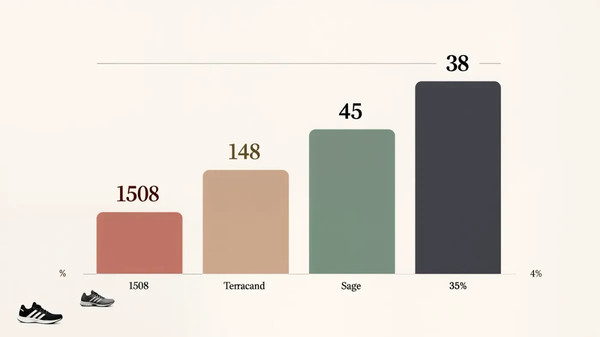 Clean editorial bar chart showing 2025 resale sales growth for running shoe brands on StockX, with Brooks up 1,508 percent, Mizuno up 148 percent, ASICS up 45 percent and Saucony up 38 percent