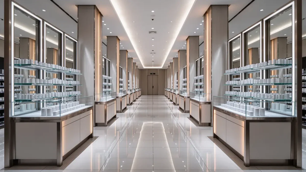 empty department store cosmetics aisle with unbranded displays at dawn