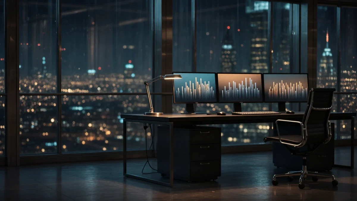 Empty trading desk glowing in a dark office at night