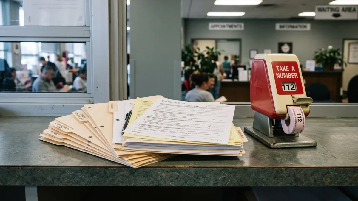 Stacked state layoff notice folders beside a tax office window