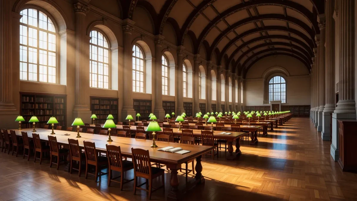 Grand library reading room with green-shaded lamps, empty
