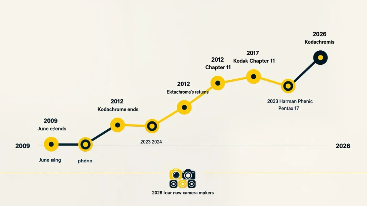 Editorial timeline chart of the film revival milestones from 2009 to 2026