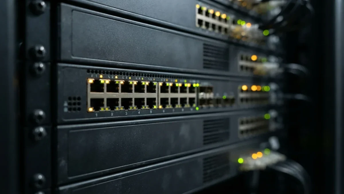 Macro close-up of network switch ports with amber activity LEDs