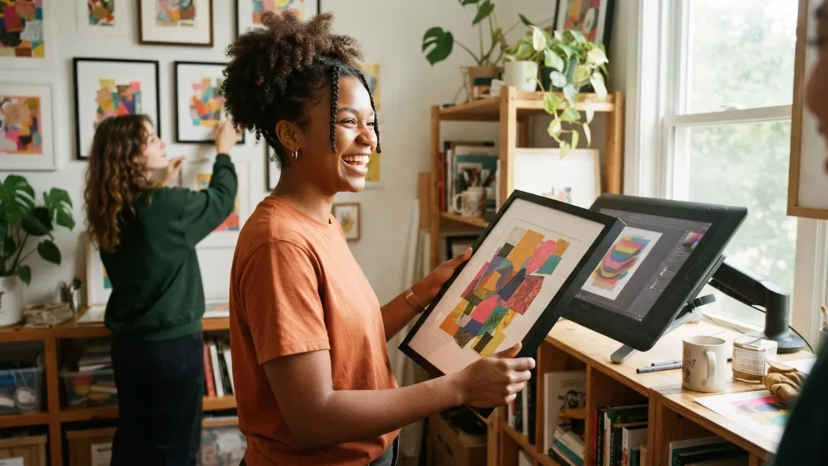 Digital artist holding a framed print of her collage artwork in studio