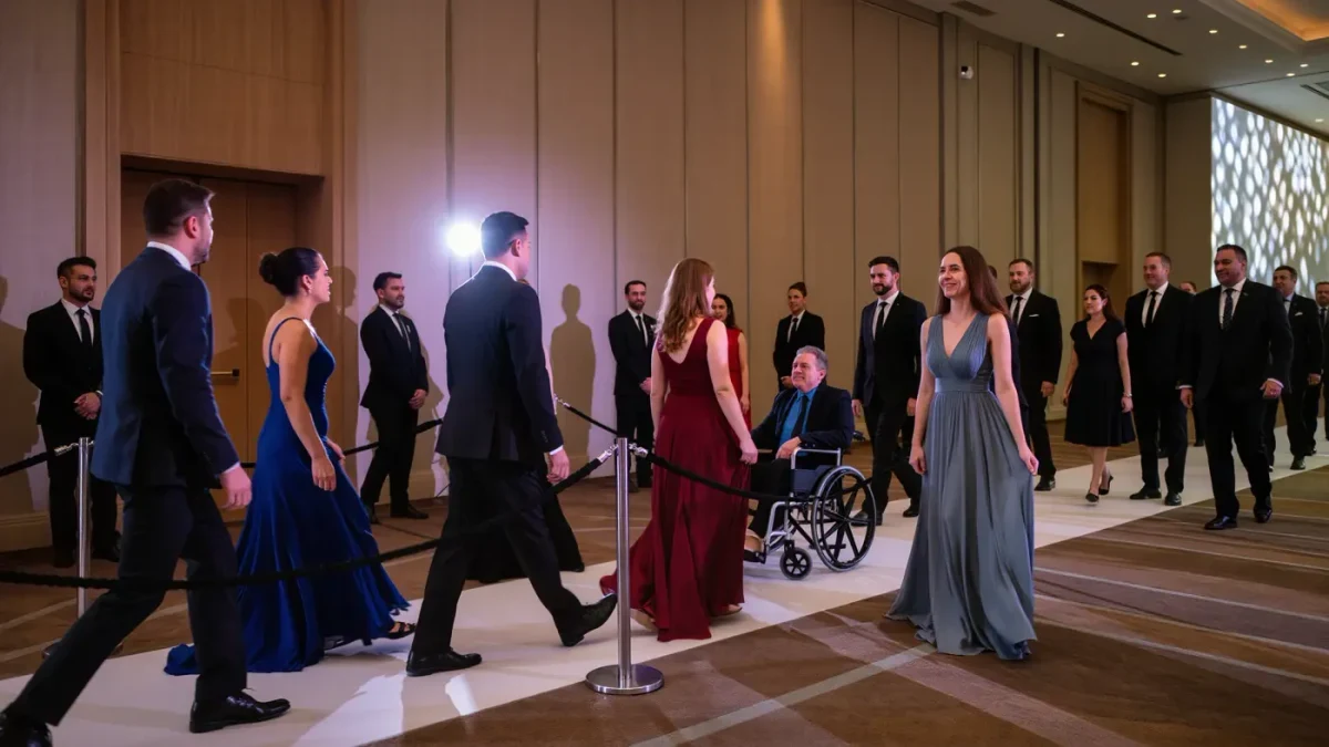 Wheelchair-accessible ramp running alongside carpeted event steps at dusk