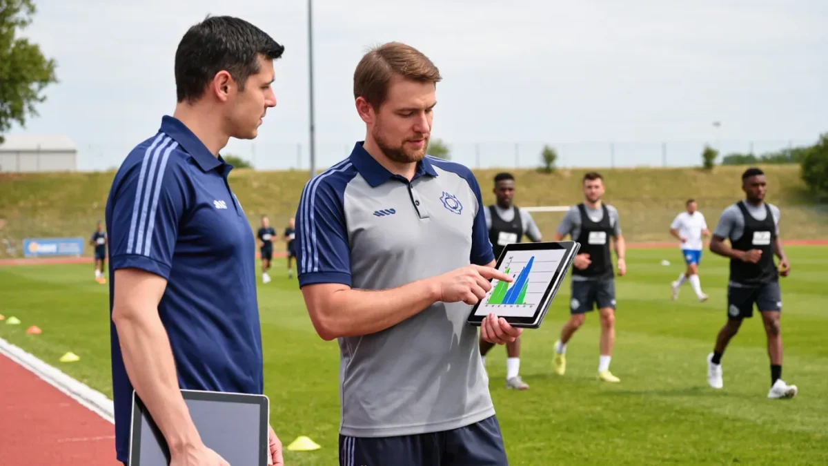 Performance staff reviewing athlete GPS data on tablets at an NFL practice