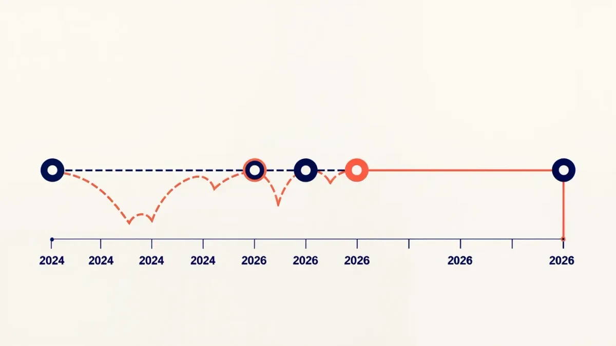 Editorial timeline chart showing a regulatory standoff resolving in 2026