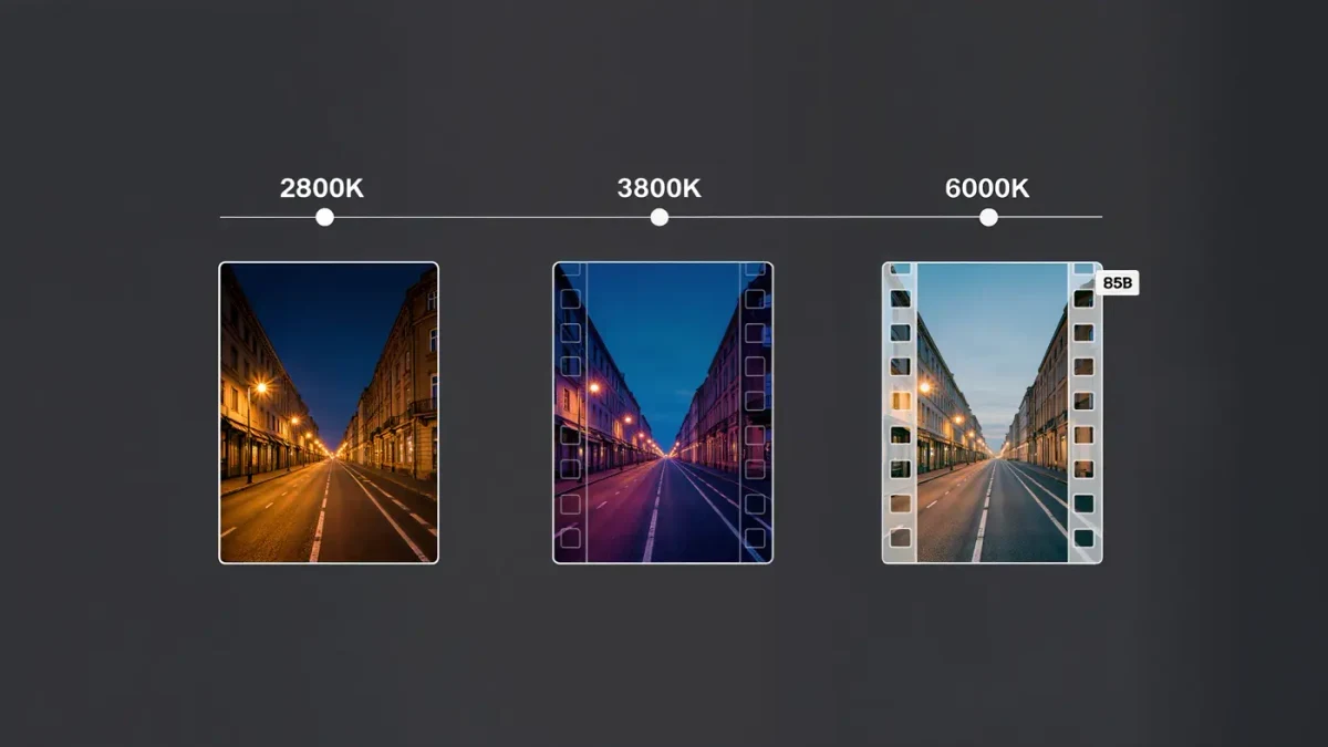 Chart mapping CineStill 800T color shift across tungsten and daylight sources