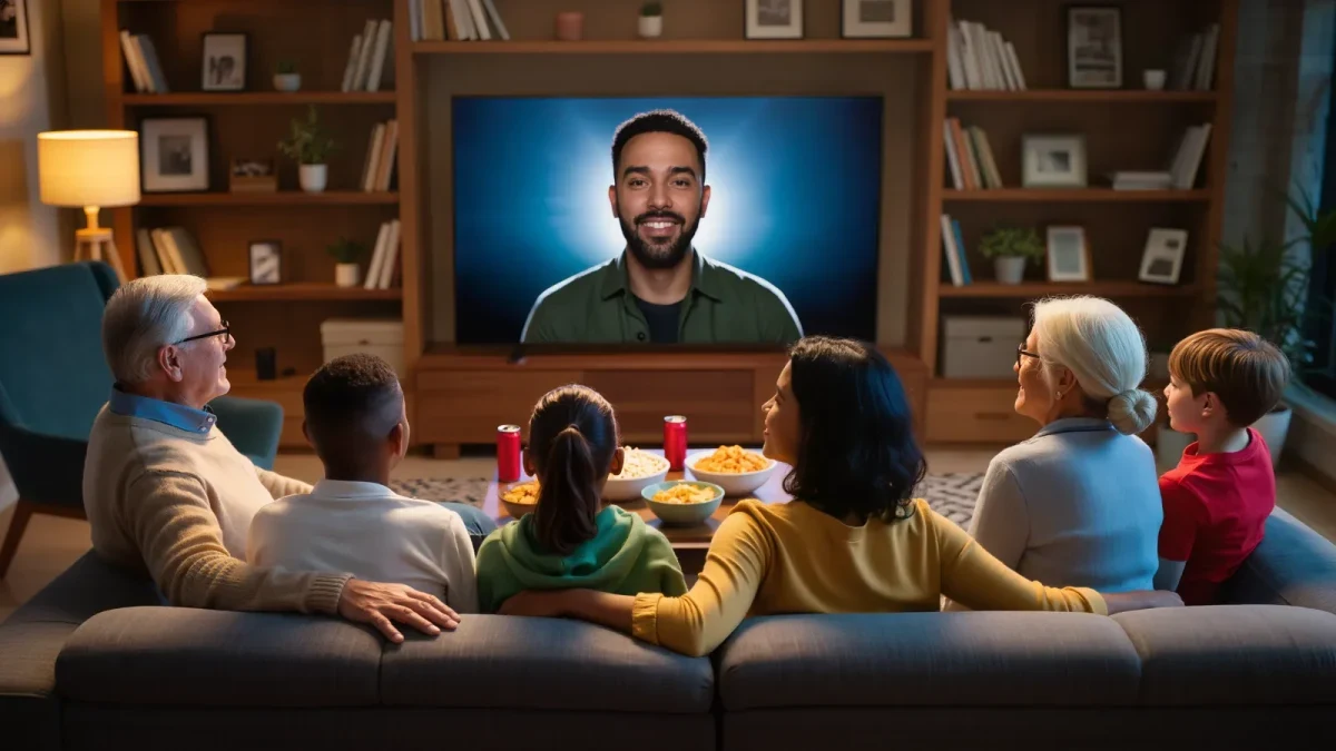 Family watching live football on a living room television