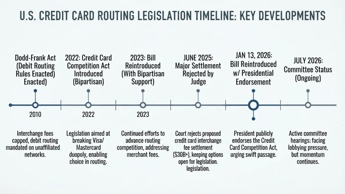 Timeline chart of the credit card routing bill from 2010 to 2026