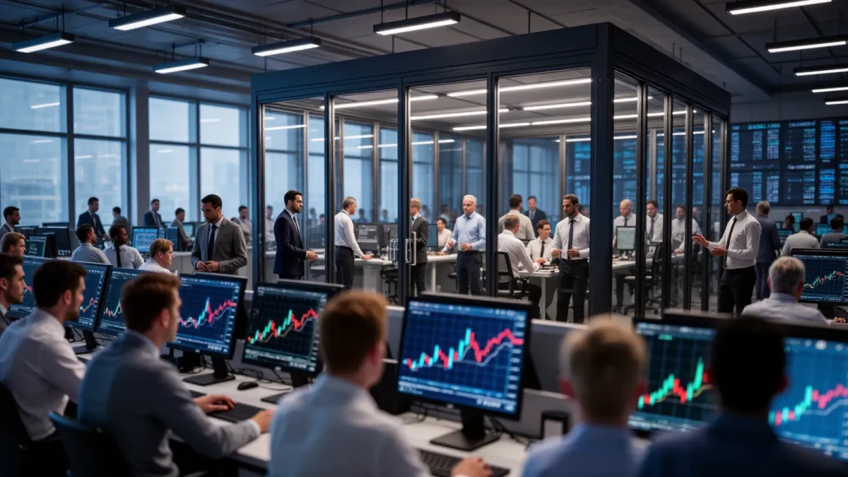 Traders and media bankers watching stock tickers during a hostile takeover battle