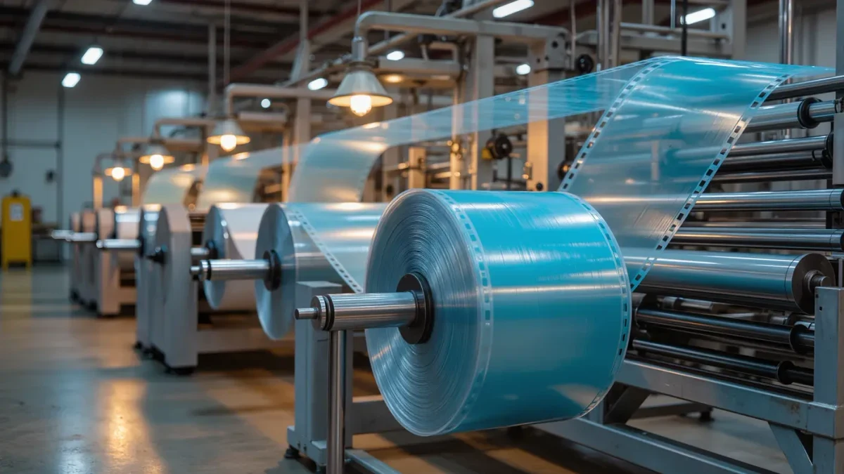 Industrial coating machinery with large rolls of blue film