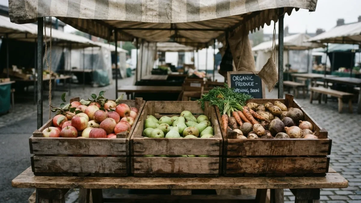 Three wooden crates of different produce at market dawn
