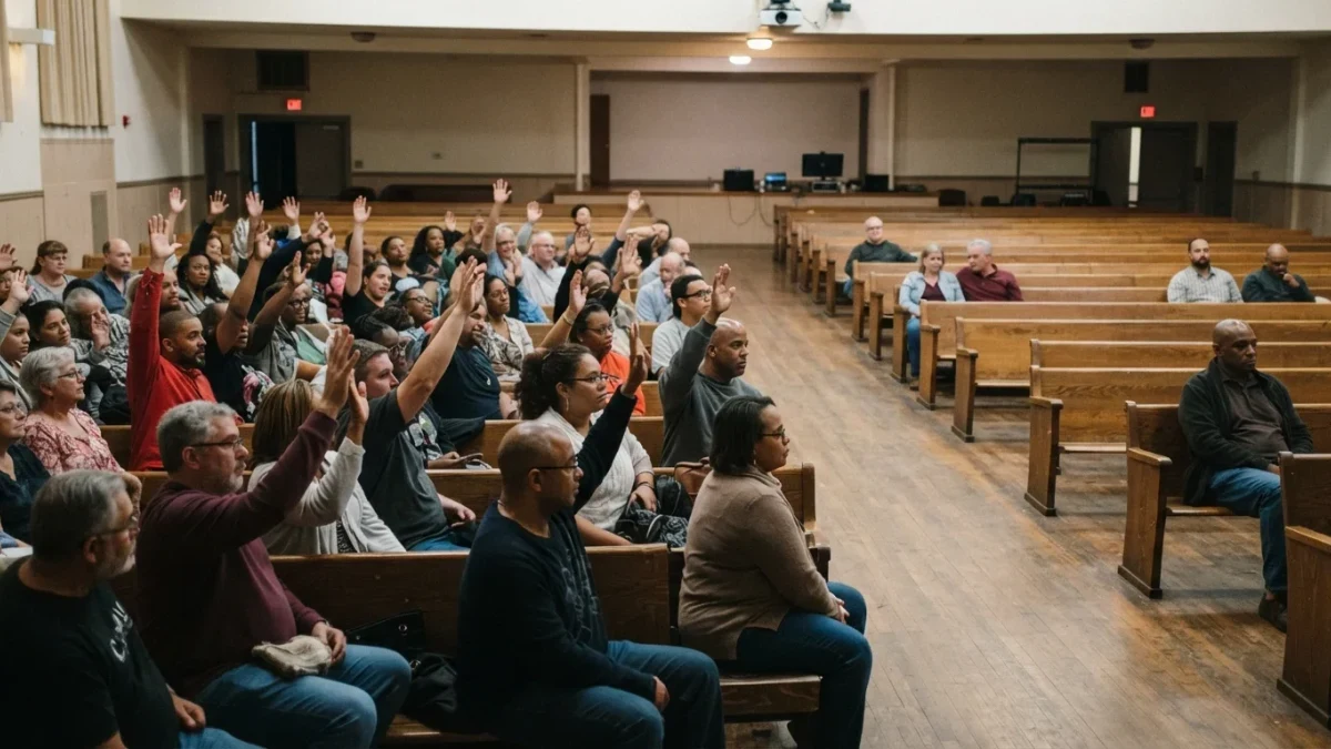 One large voting bloc dominating a sparse town assembly hall