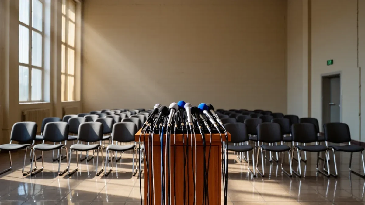 An empty university press briefing room with lectern and microphones