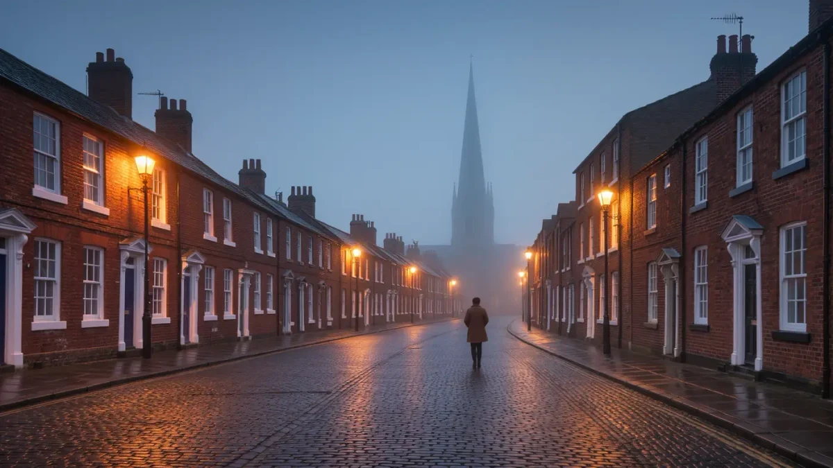 Foggy English market town street with church spire at dawn