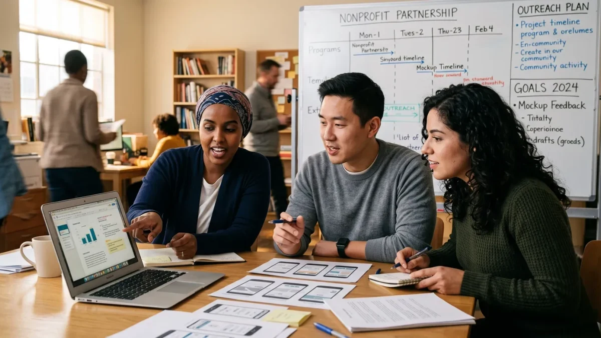 Two colleagues at a laptop working with a nonprofit staffer on site
