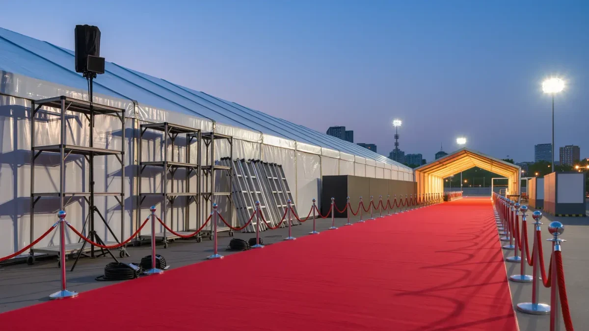 Empty red carpet with photographer risers before arrivals begin