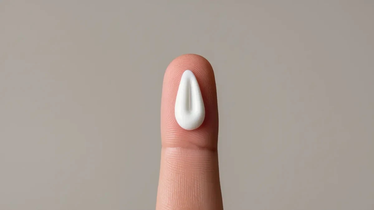 Fingertip with a neat pea-sized stripe of white cream against soft studio backdrop