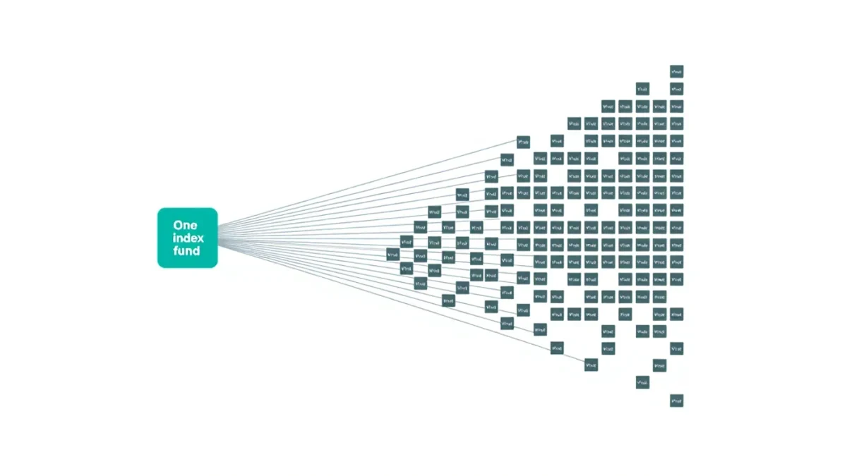 Infographic showing one fund purchase spreading across hundreds of company squares