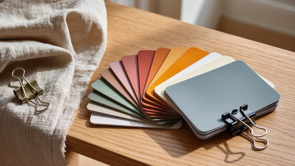 Close-up of fanned colour swatch cards in earthy seasonal tones on a studio table
