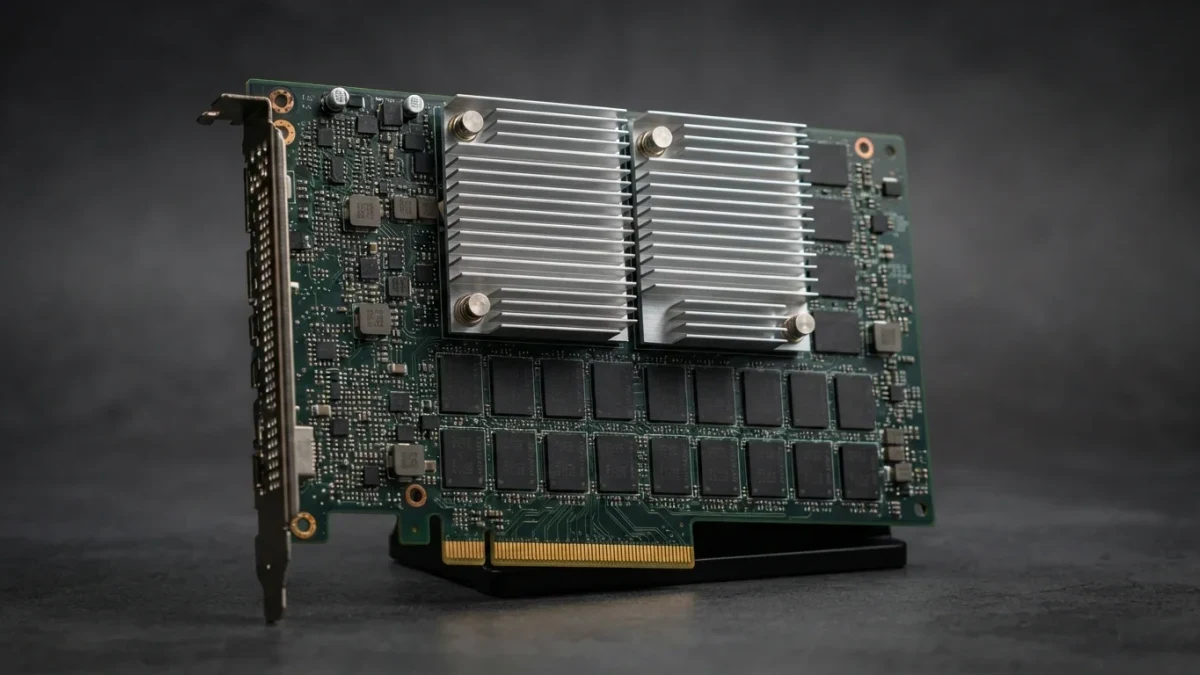 Close-up of an unbranded green server accelerator circuit board