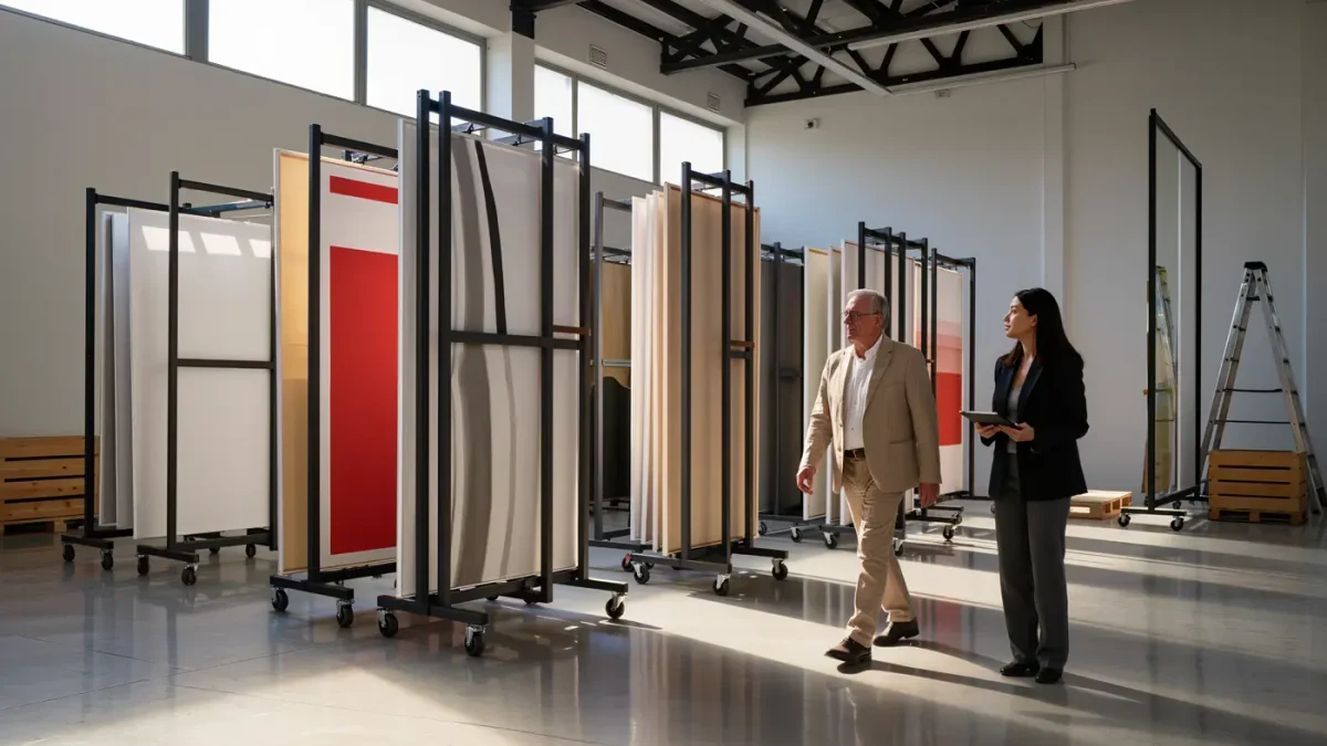 Collector and advisor viewing artworks in private museum storage