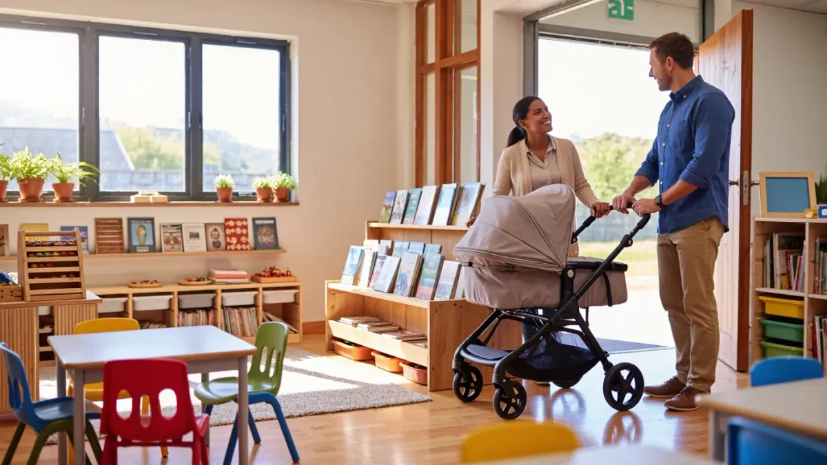 Adult parents touring a small-chair kindergarten classroom
