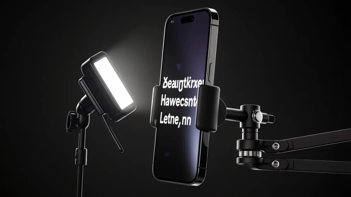 Smartphone on a desktop clamp mount in studio lighting for recording