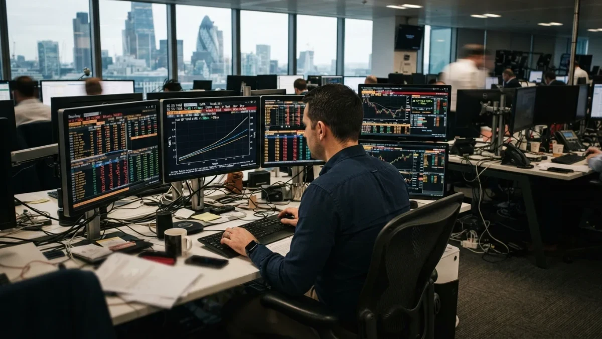 Trader at multiple monitors showing yield curve charts during market hours