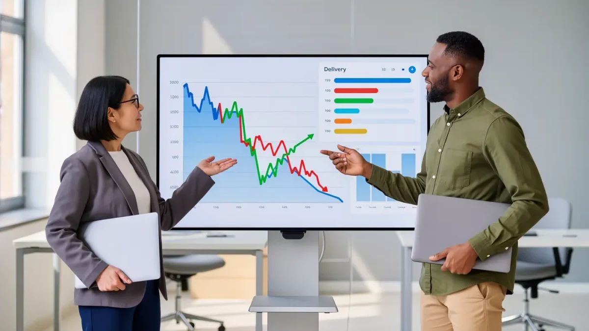 Advertisers reviewing campaign dashboards during a quiet open-plan office morning