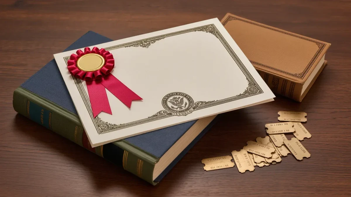 Close-up of a vintage reading-course diploma and ribbon pin