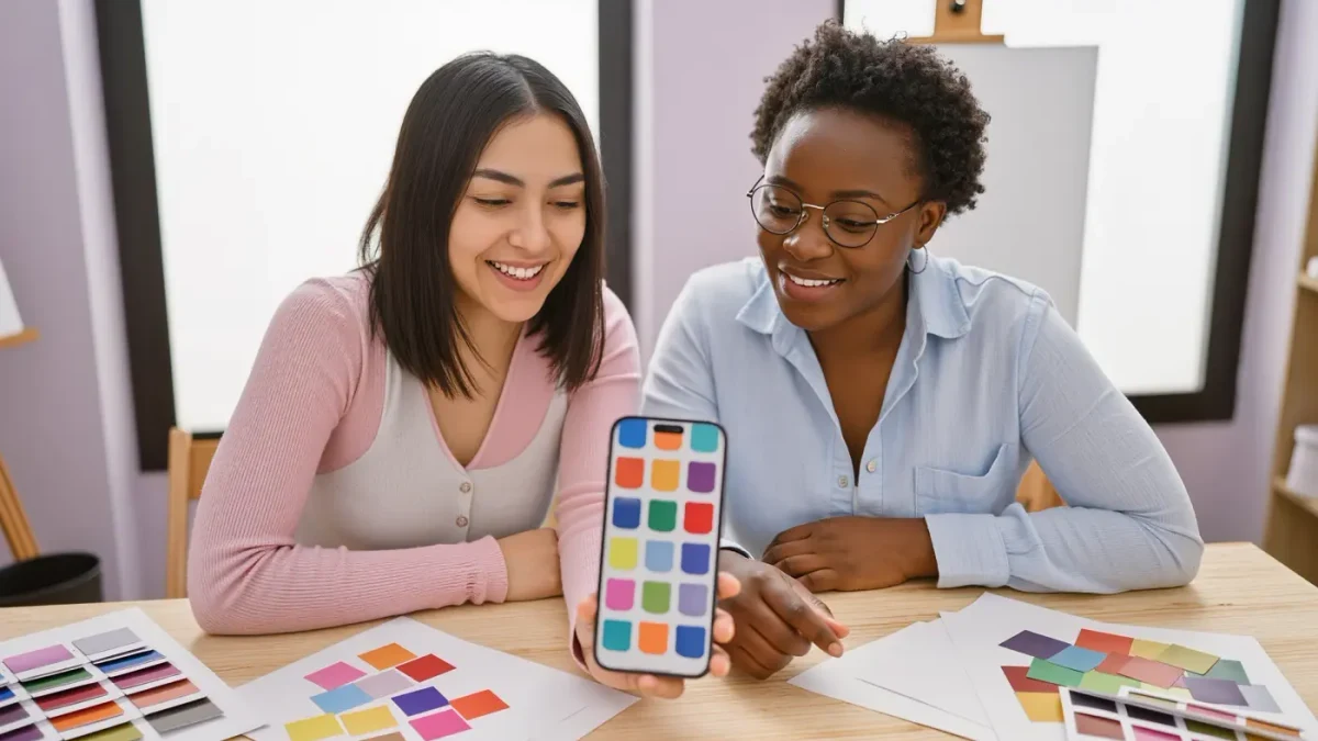 Two creators choosing Highlight cover designs on a phone