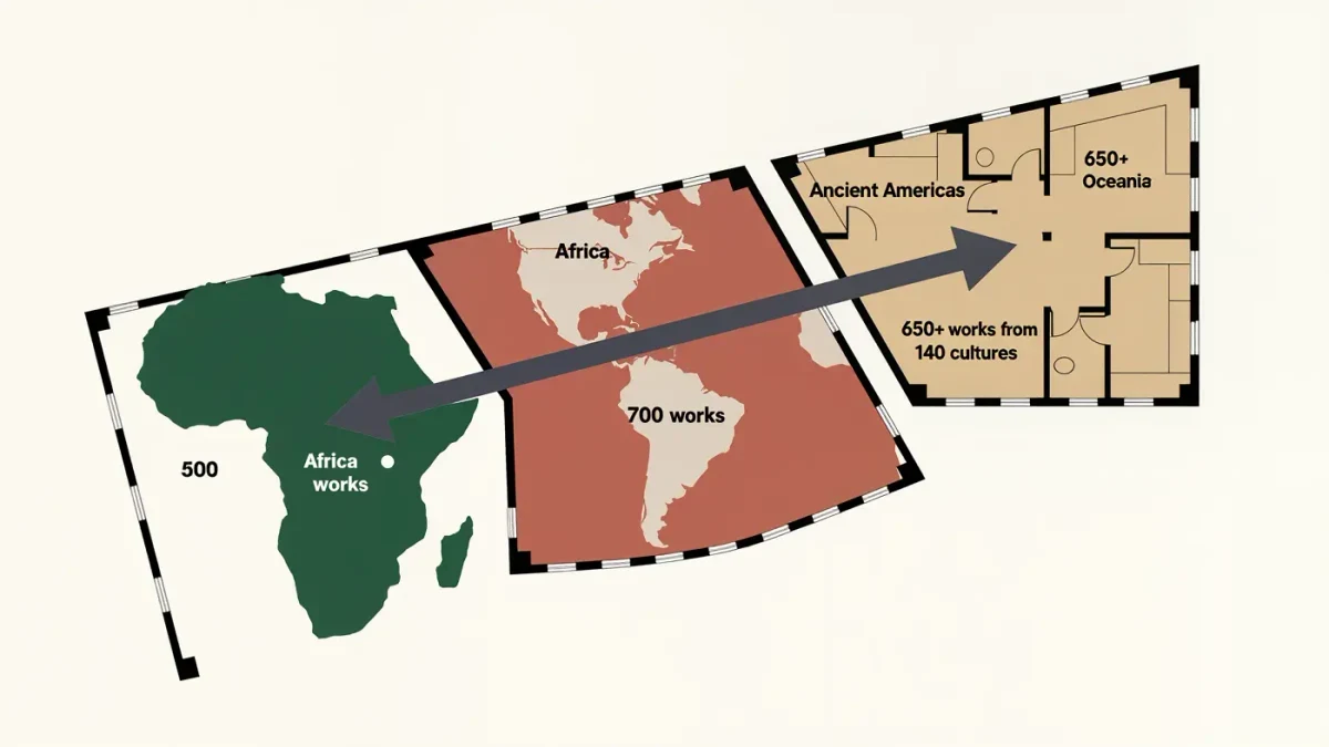 Infographic floor plan of museum wing divided by Africa, Americas, Oceania regions