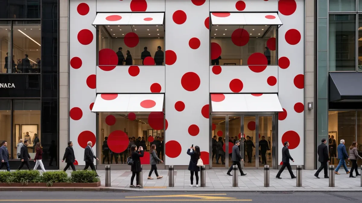 Shoppers passing a boutique facade covered in oversized red and white polka dots