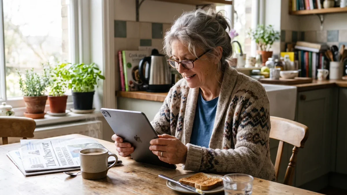 Reader exploring a new subscription on a tablet at breakfast