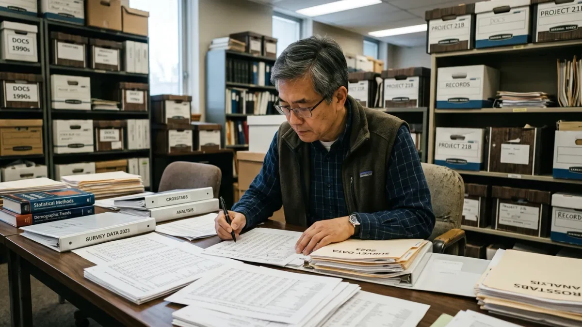 Statistician annotating survey charts in a government records office