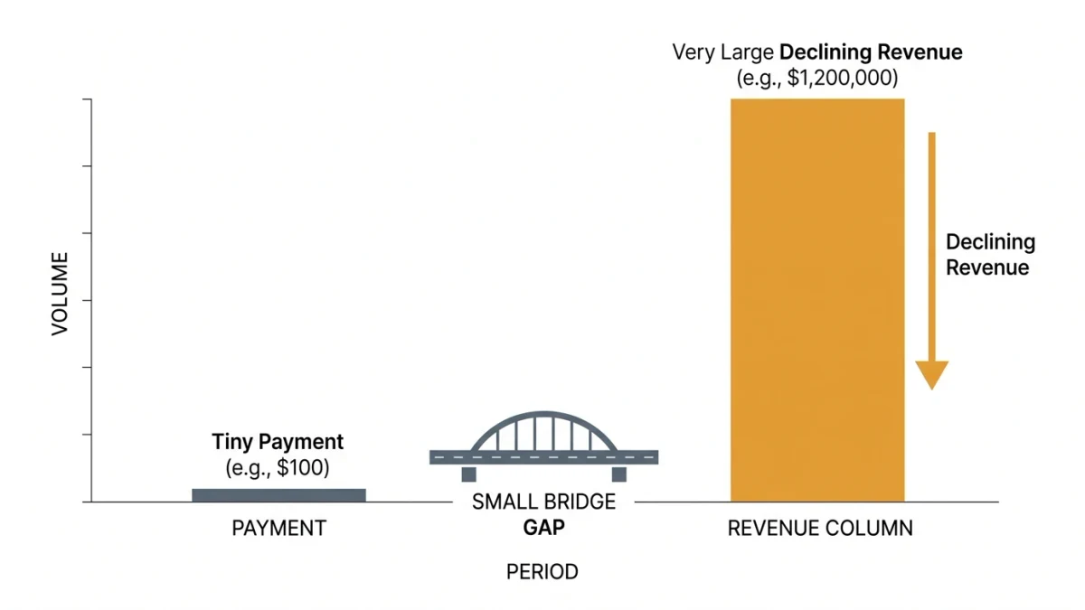 Small payment stream beside a much larger shrinking revenue bar