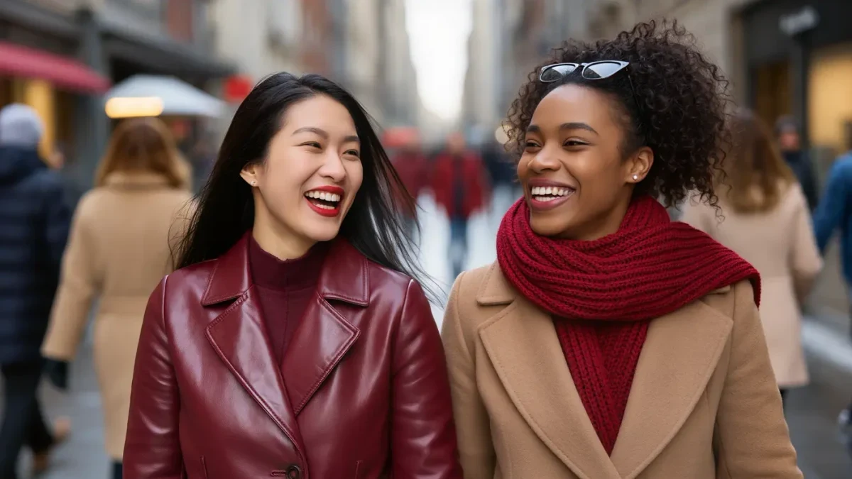 Two women in cherry red coats and deep red lipstick laughing on a grey winter sidewalk