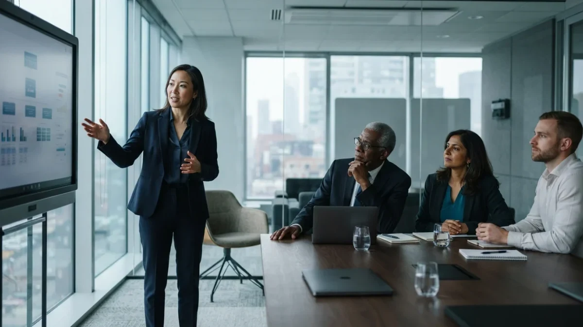 CFO presenting to board members beside a glass conference wall