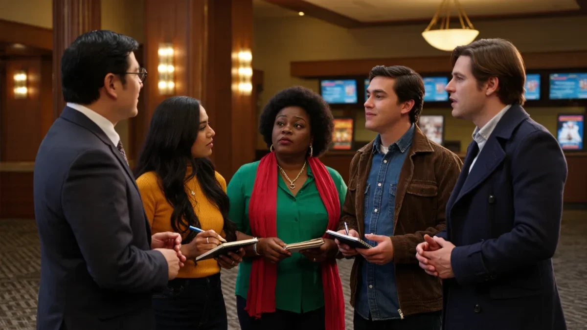Diverse film critics discussing a movie in a dim screening room