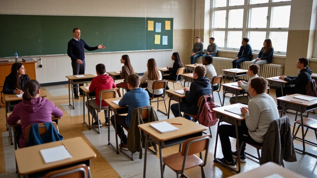 Teacher supervising an overflowing merged classroom of extra students