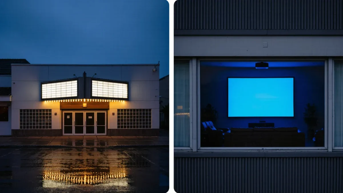 Empty multiplex auditorium beside a glowing home streaming screen